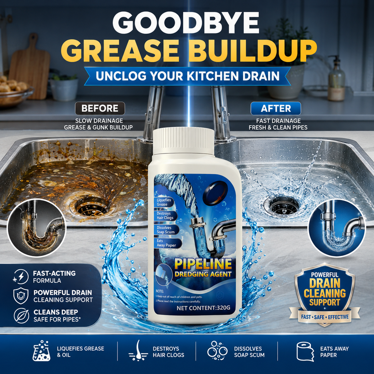 🔥Liapu Powerful Drain Cleaner | 99% Antibacterial Solution, Dissolves 200+ Clogs & Safely Cleans Pipes