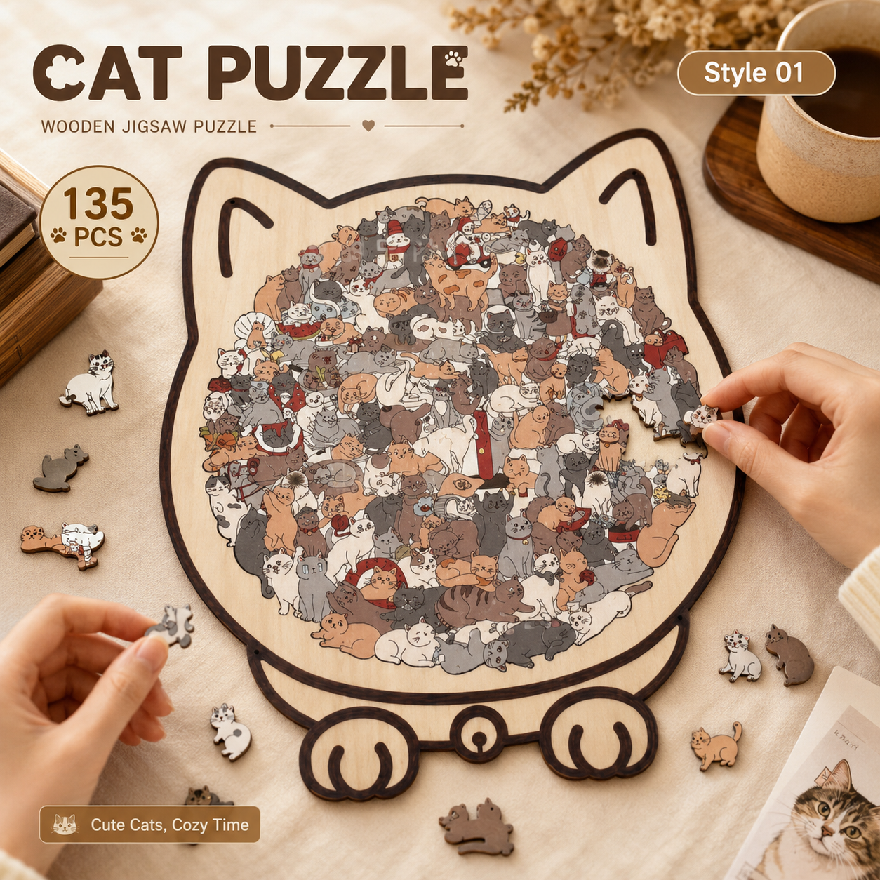 🎁Last Day Sale 49% OFF🐱 135-Piece Morandi Color Wooden Cat-Shaped Puzzle