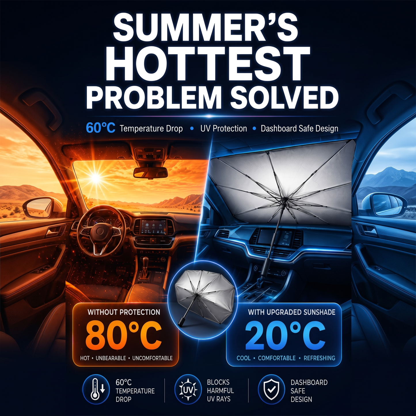 ☀️Car Sunshade – Effective Heat Insulation, UV Block & Easy Foldable Auto Windshield Protector