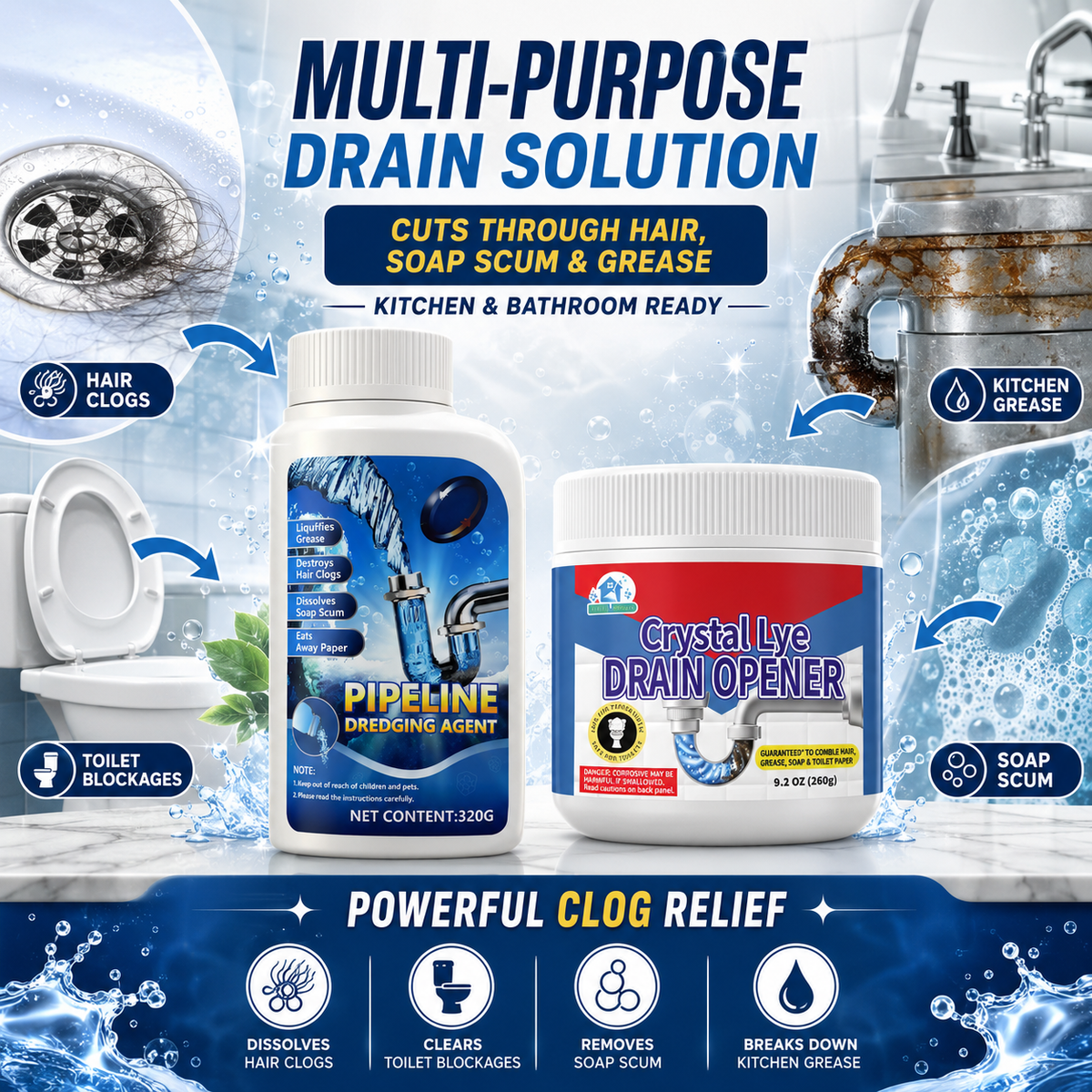 🔥Liapu Powerful Drain Cleaner | 99% Antibacterial Solution, Dissolves 200+ Clogs & Safely Cleans Pipes