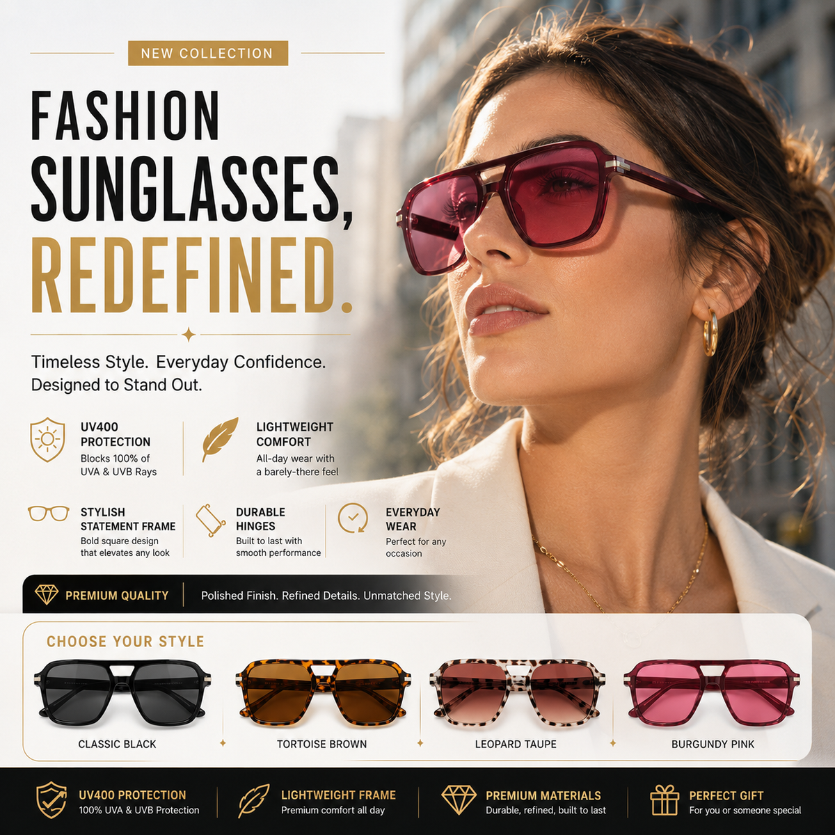 🔥 Premium Fashion Sunglasses - UV400 Protection • Polarized Lenses • Everyday Eye Comfort