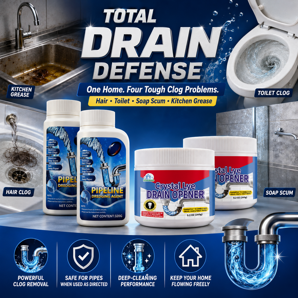 🔥Liapu Powerful Drain Cleaner | 99% Antibacterial Solution, Dissolves 200+ Clogs & Safely Cleans Pipes