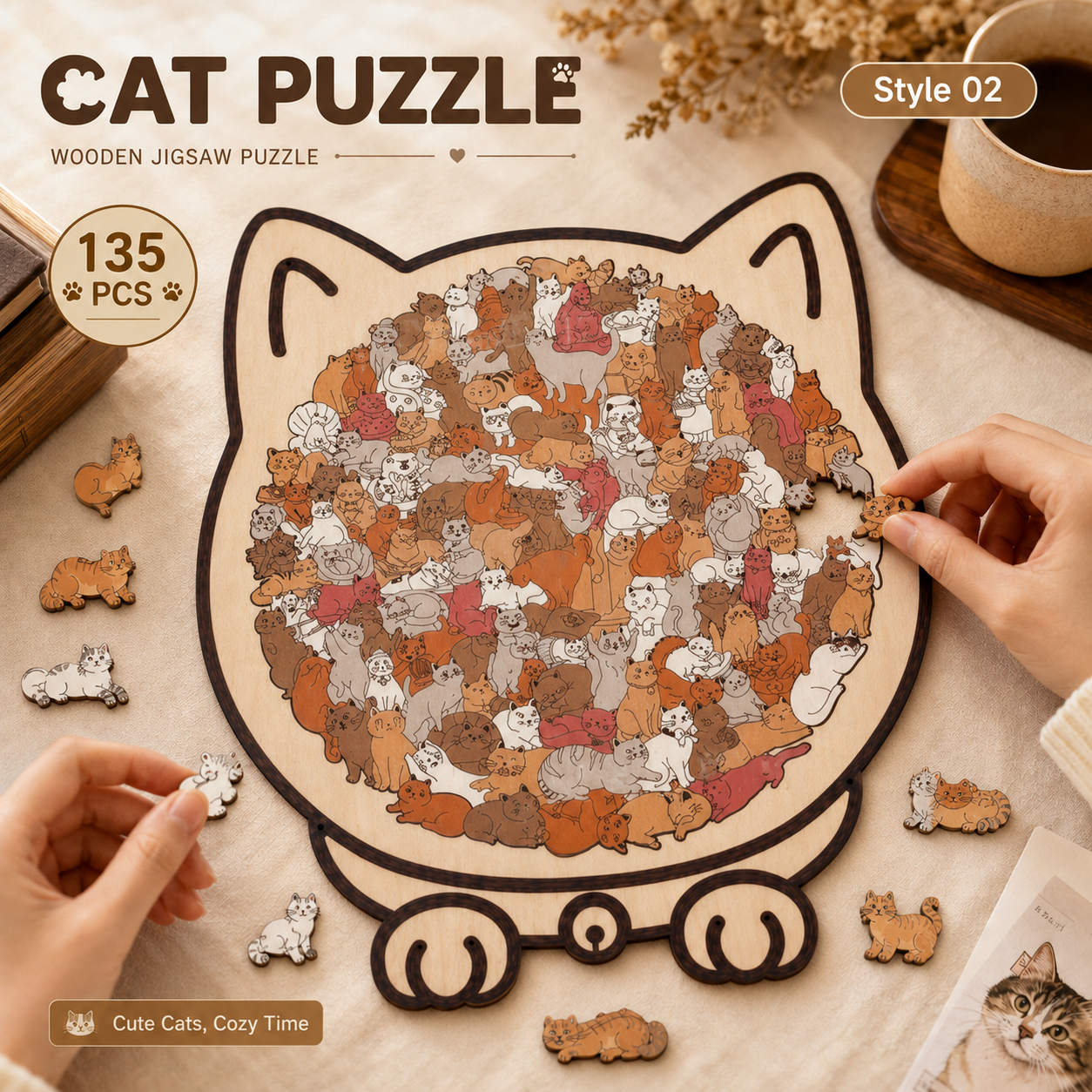 🎁Last Day Sale 49% OFF🐱 135-Piece Morandi Color Wooden Cat-Shaped Puzzle