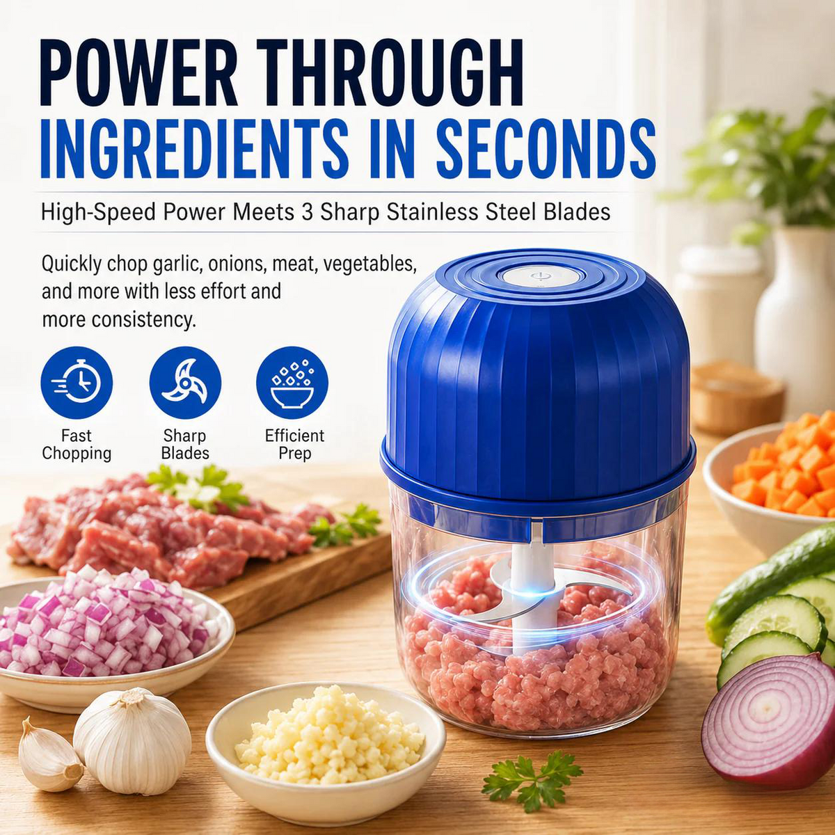 👶🥕🍎 50% OFF! Electric Mini Chopper with 3 Sharp Blades – Grind, Mince, Puree – Stainless Steel, Easy Clean