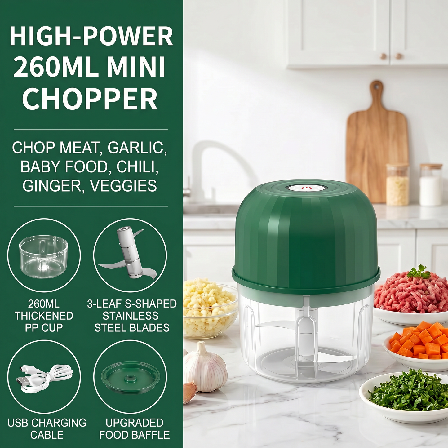 👶🥕🍎 50% OFF! Electric Mini Chopper with 3 Sharp Blades – Grind, Mince, Puree – Stainless Steel, Easy Clean