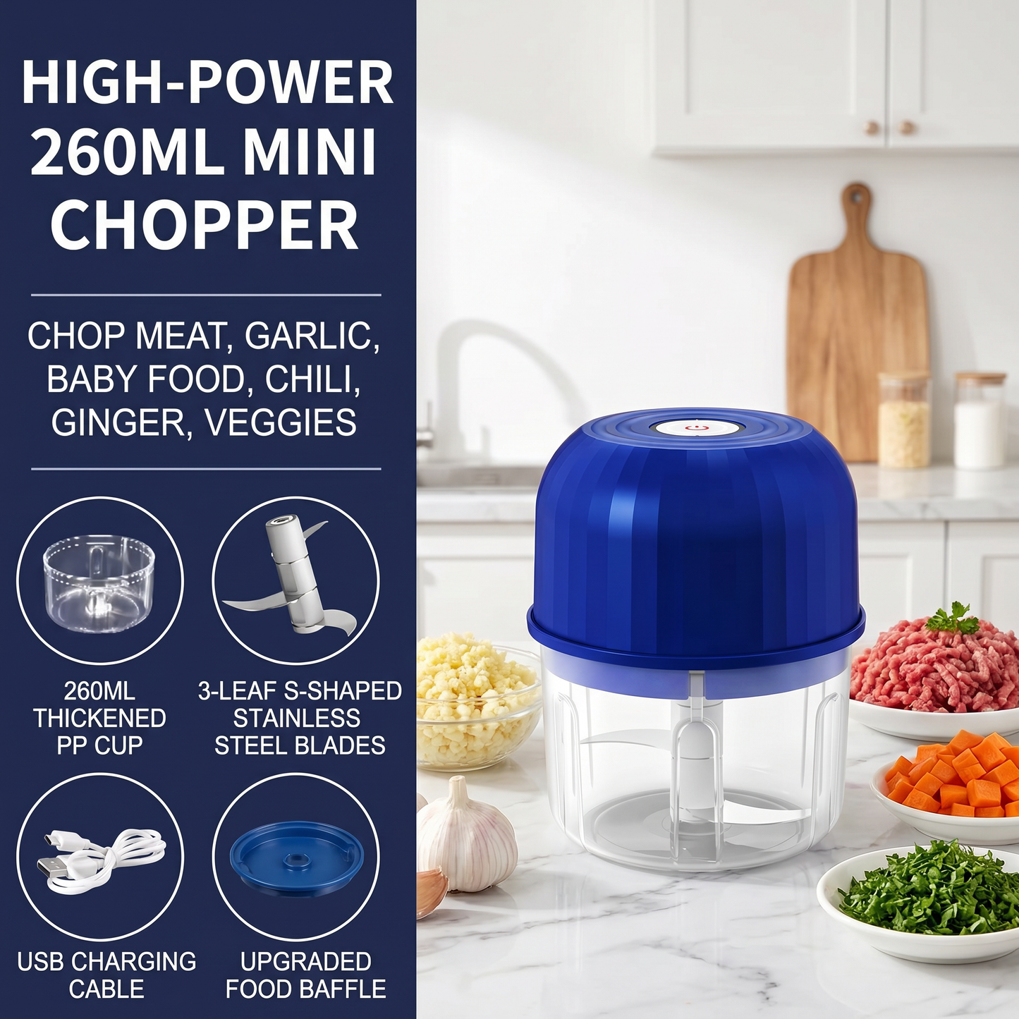 👶🥕🍎 50% OFF! Electric Mini Chopper with 3 Sharp Blades – Grind, Mince, Puree – Stainless Steel, Easy Clean