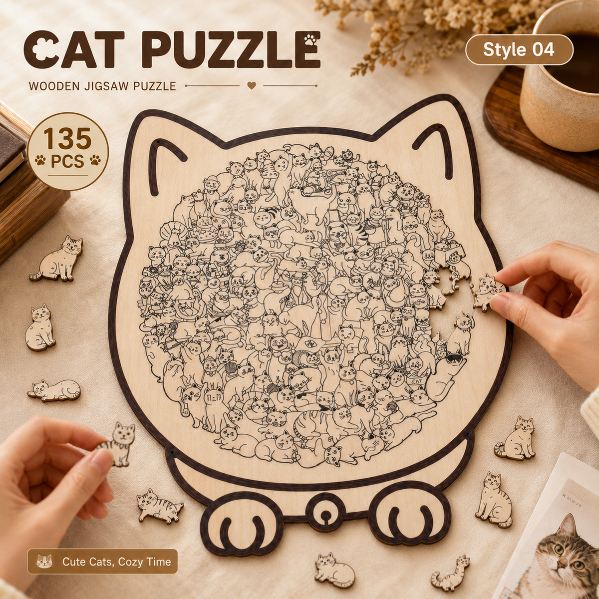 🎁Last Day Sale 49% OFF🐱 135-Piece Morandi Color Wooden Cat-Shaped Puzzle