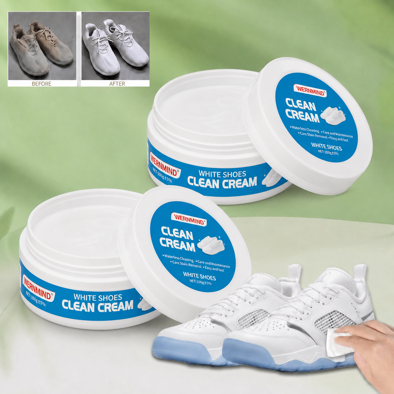 White Shoe Cleaner Cream Multipurpose No-Wash Solid Cleaner with Sponge Stain-Removing for Leather Silicone Car Interiors Sneaker Footwear Care