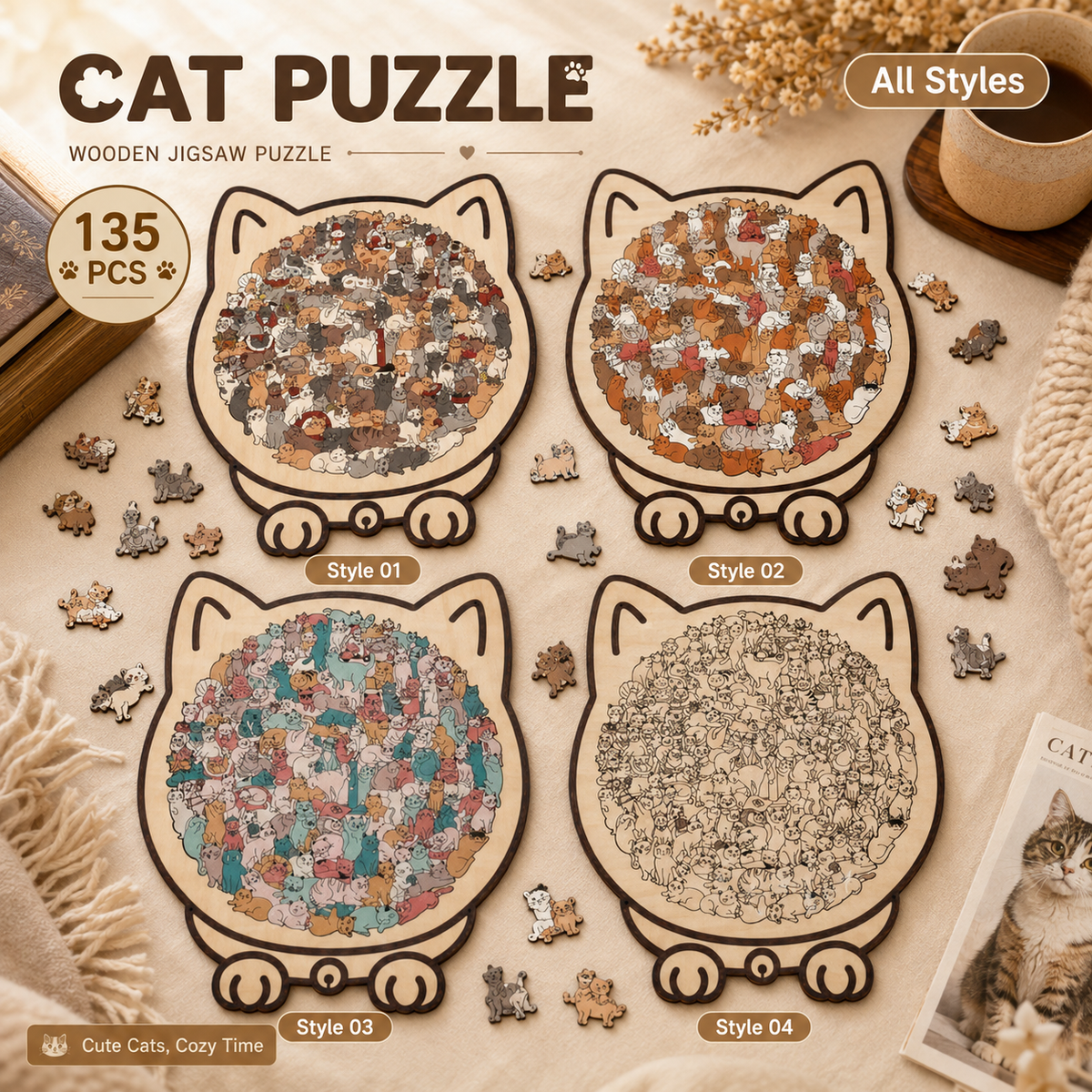 🎁Last Day Sale 49% OFF🐱 135-Piece Morandi Color Wooden Cat-Shaped Puzzle