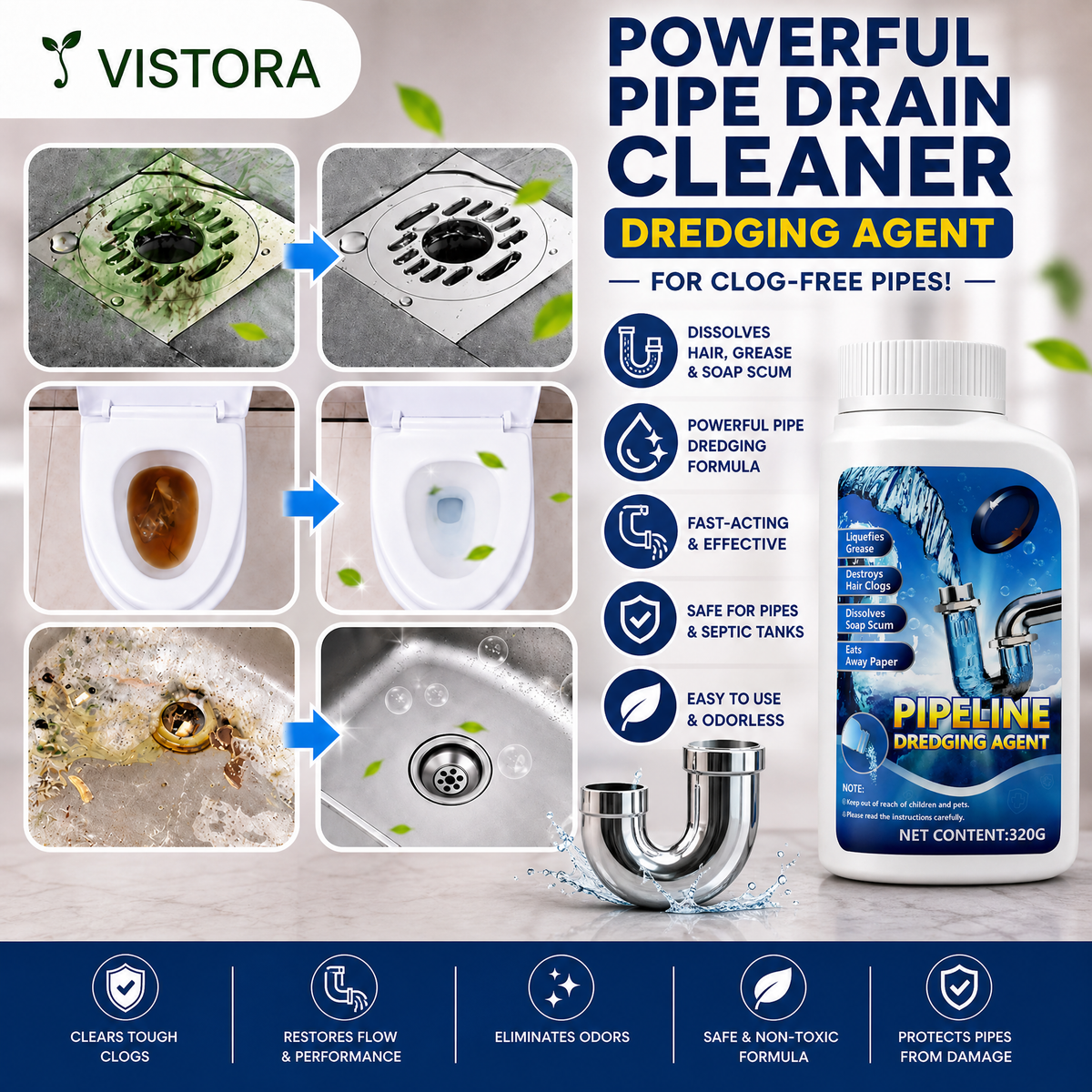 🔥Liapu Powerful Drain Cleaner | 99% Antibacterial Solution, Dissolves 200+ Clogs & Safely Cleans Pipes