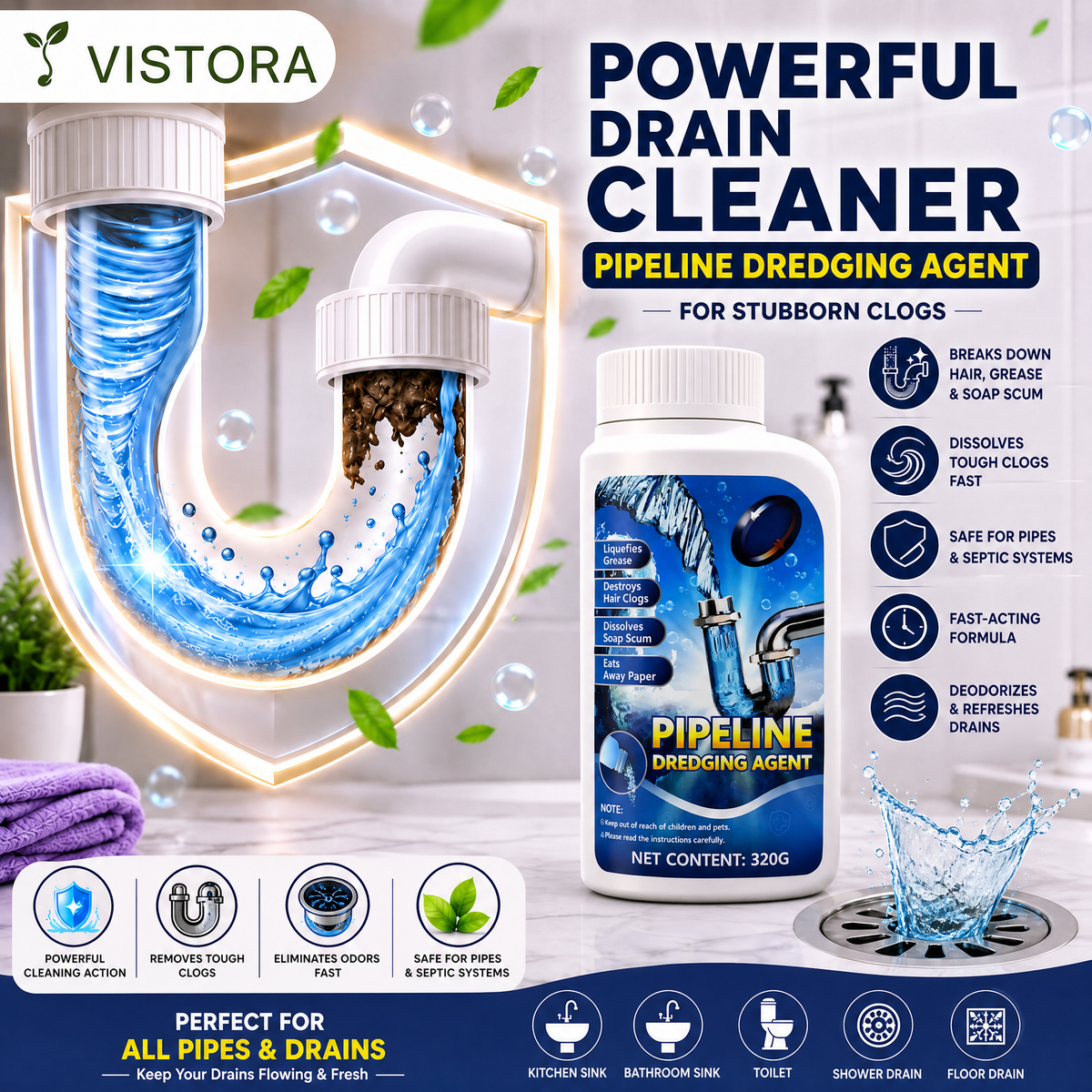 🔥Liapu Powerful Drain Cleaner | 99% Antibacterial Solution, Dissolves 200+ Clogs & Safely Cleans Pipes