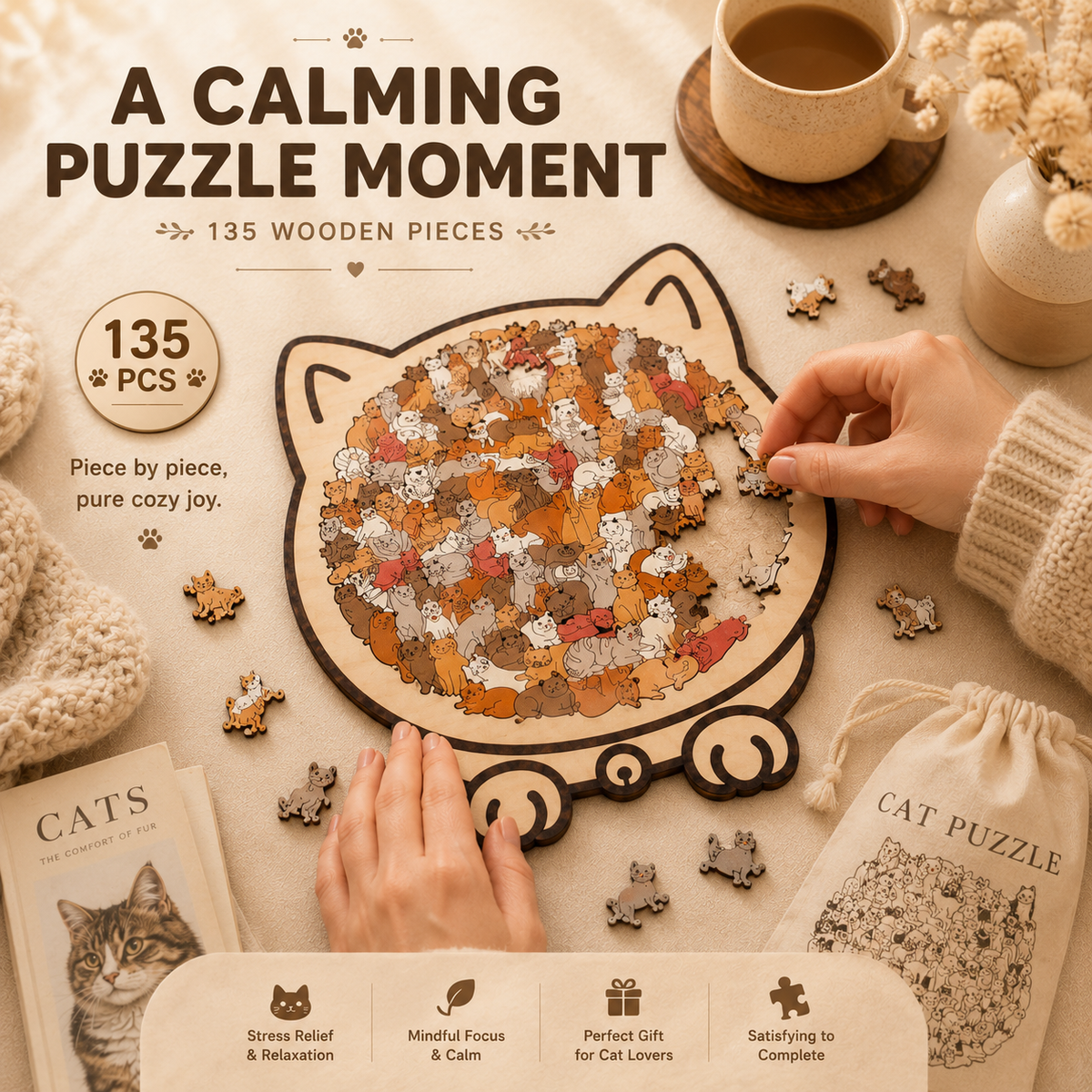 🎁Last Day Sale 49% OFF🐱 135-Piece Morandi Color Wooden Cat-Shaped Puzzle