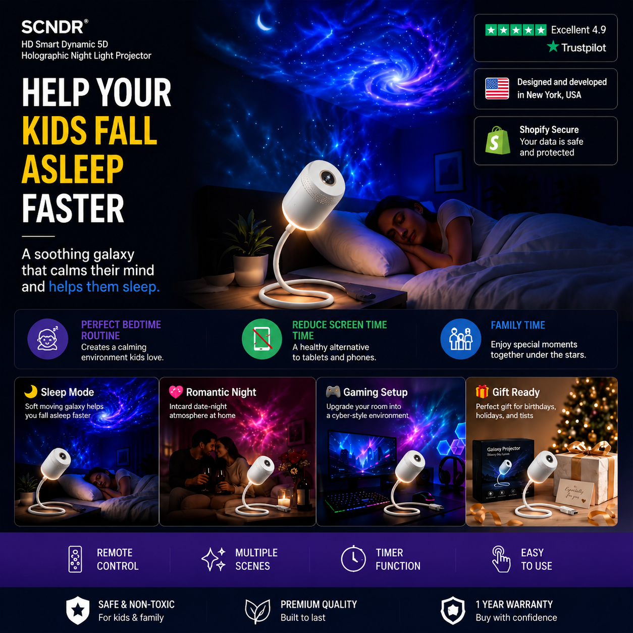 SCNDR® Smart HD Dynamic 5D Holographic Projection Night Light