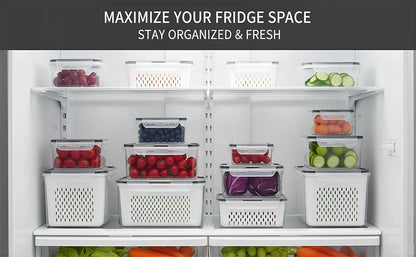 4 in 1 Fresh Storage Containers with Drain Basket, Fruit Storage Containers for Fridge, Produce Storage Containers with Lid and Strainer