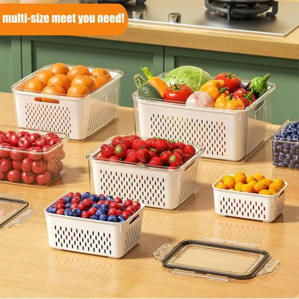 4 in 1 Fresh Storage Containers with Drain Basket, Fruit Storage Containers for Fridge, Produce Storage Containers with Lid and Strainer