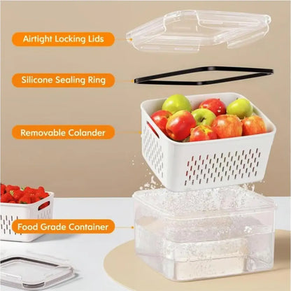 4 in 1 Fresh Storage Containers with Drain Basket, Fruit Storage Containers for Fridge, Produce Storage Containers with Lid and Strainer