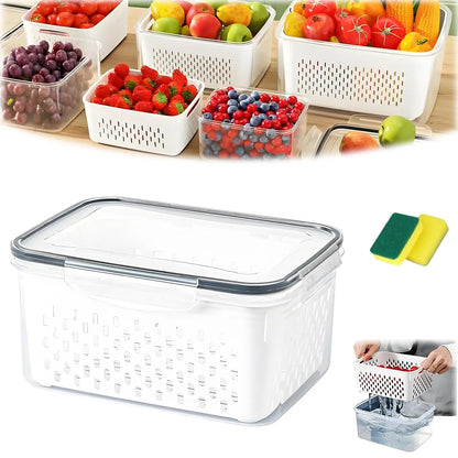 4 in 1 Fresh Storage Containers with Drain Basket, Fruit Storage Containers for Fridge, Produce Storage Containers with Lid and Strainer