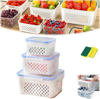 4 in 1 Fresh Storage Containers with Drain Basket, Fruit Storage Containers for Fridge, Produce Storage Containers with Lid and Strainer