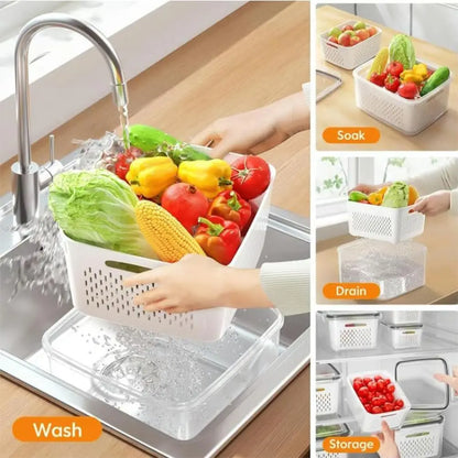 4 in 1 Fresh Storage Containers with Drain Basket, Fruit Storage Containers for Fridge, Produce Storage Containers with Lid and Strainer