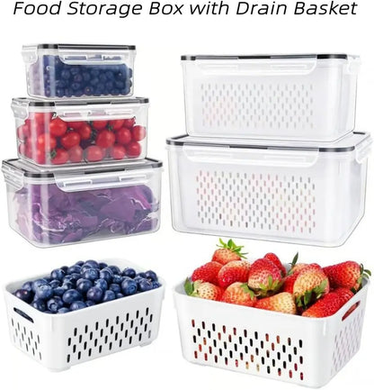 4 in 1 Fresh Storage Containers with Drain Basket, Fruit Storage Containers for Fridge, Produce Storage Containers with Lid and Strainer