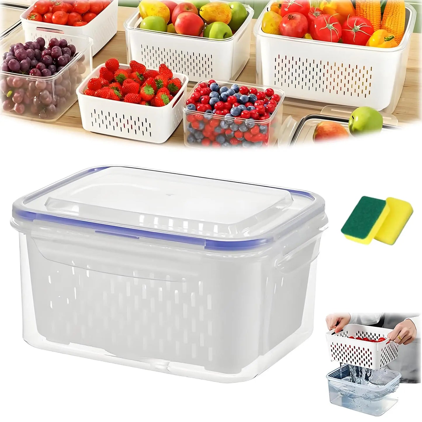 4 in 1 Fresh Storage Containers with Drain Basket, Fruit Storage Containers for Fridge, Produce Storage Containers with Lid and Strainer