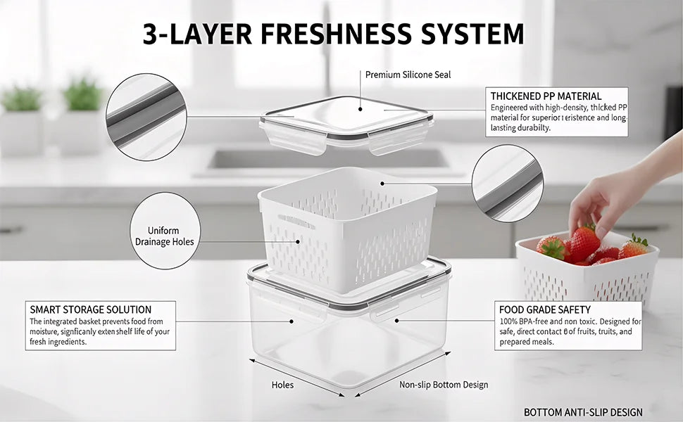 4 in 1 Fresh Storage Containers with Drain Basket, Fruit Storage Containers for Fridge, Produce Storage Containers with Lid and Strainer
