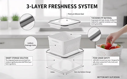 4 in 1 Fresh Storage Containers with Drain Basket, Fruit Storage Containers for Fridge, Produce Storage Containers with Lid and Strainer
