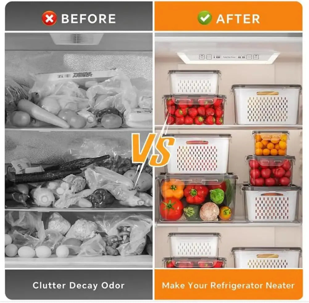 4 in 1 Fresh Storage Containers with Drain Basket, Fruit Storage Containers for Fridge, Produce Storage Containers with Lid and Strainer