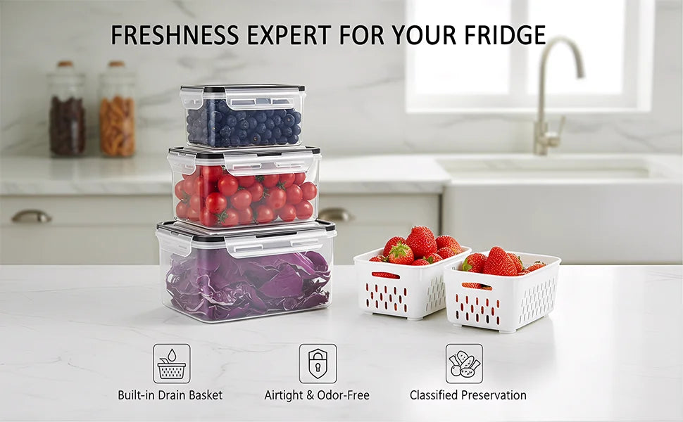4 in 1 Fresh Storage Containers with Drain Basket, Fruit Storage Containers for Fridge, Produce Storage Containers with Lid and Strainer