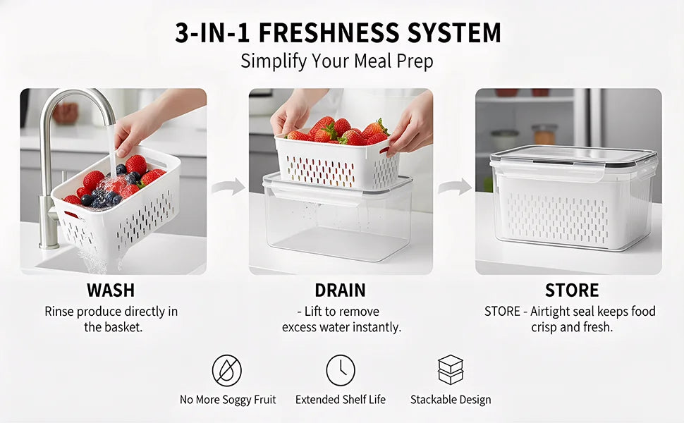 4 in 1 Fresh Storage Containers with Drain Basket, Fruit Storage Containers for Fridge, Produce Storage Containers with Lid and Strainer