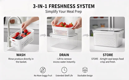 4 in 1 Fresh Storage Containers with Drain Basket, Fruit Storage Containers for Fridge, Produce Storage Containers with Lid and Strainer