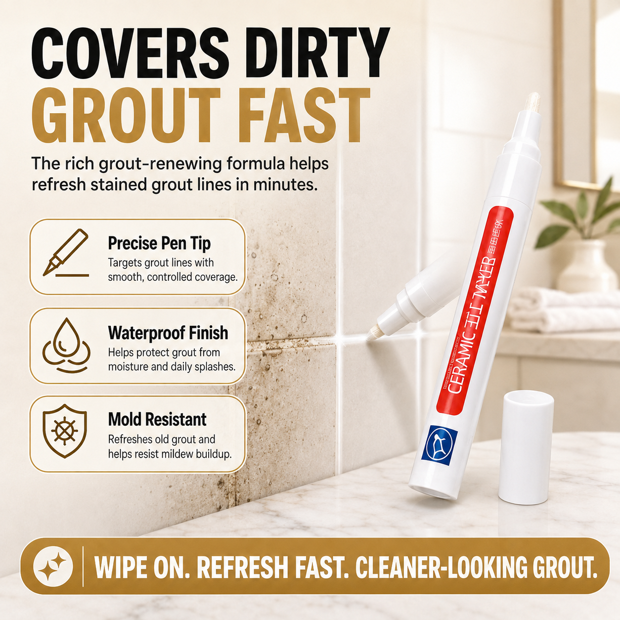 Junazilo® ✏️Grout Pen, Waterproof Anti‑Mold Tile Grout Refresher for Ceramic Tile Seams Bathroom Kitchen Floor
