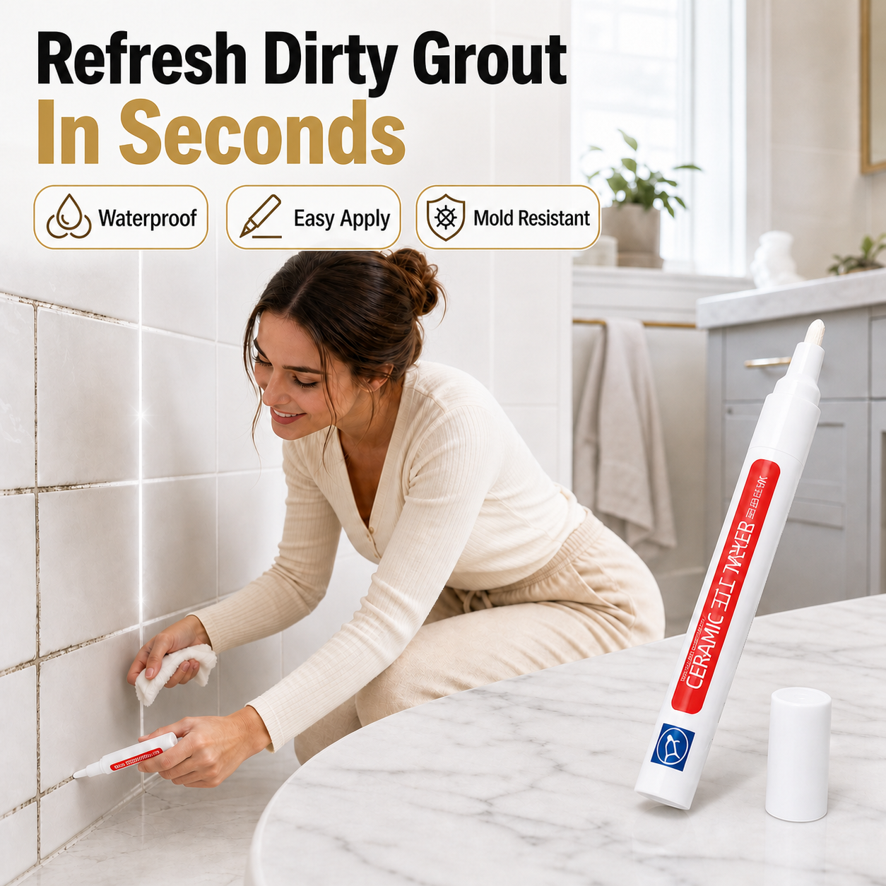 Junazilo® ✏️Grout Pen, Waterproof Anti‑Mold Tile Grout Refresher for Ceramic Tile Seams Bathroom Kitchen Floor