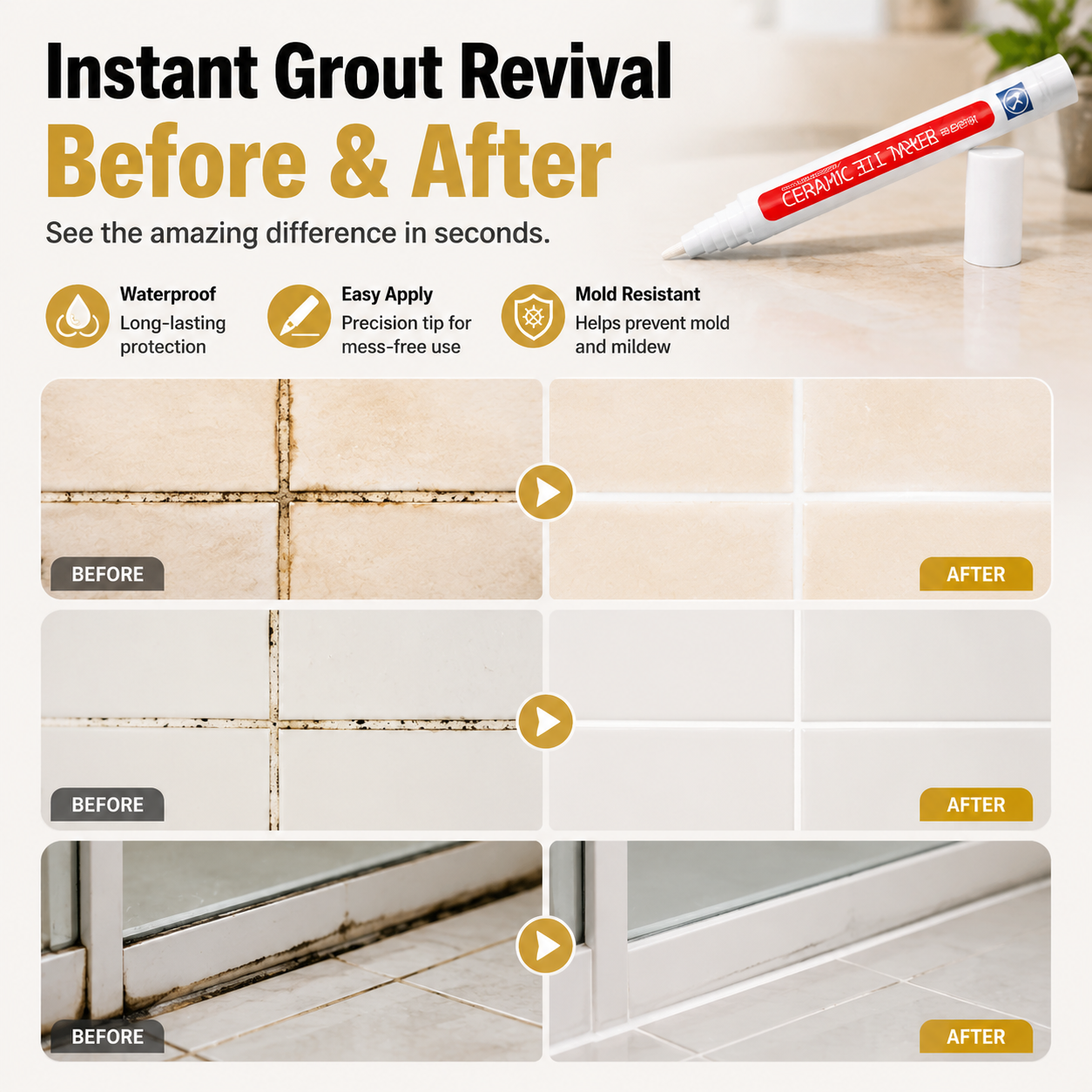 Junazilo® ✏️Grout Pen, Waterproof Anti‑Mold Tile Grout Refresher for Ceramic Tile Seams Bathroom Kitchen Floor