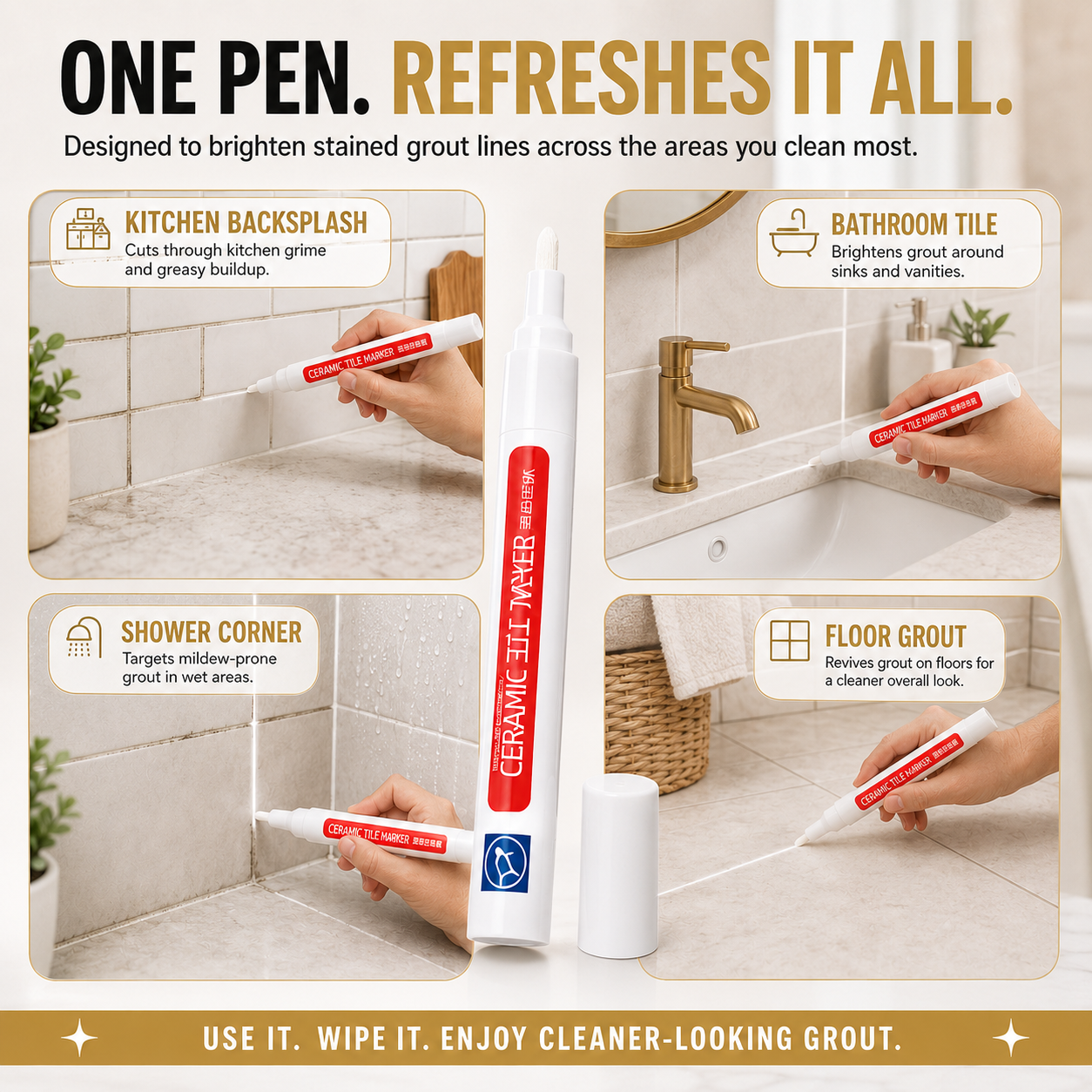 Junazilo® ✏️Grout Pen, Waterproof Anti‑Mold Tile Grout Refresher for Ceramic Tile Seams Bathroom Kitchen Floor