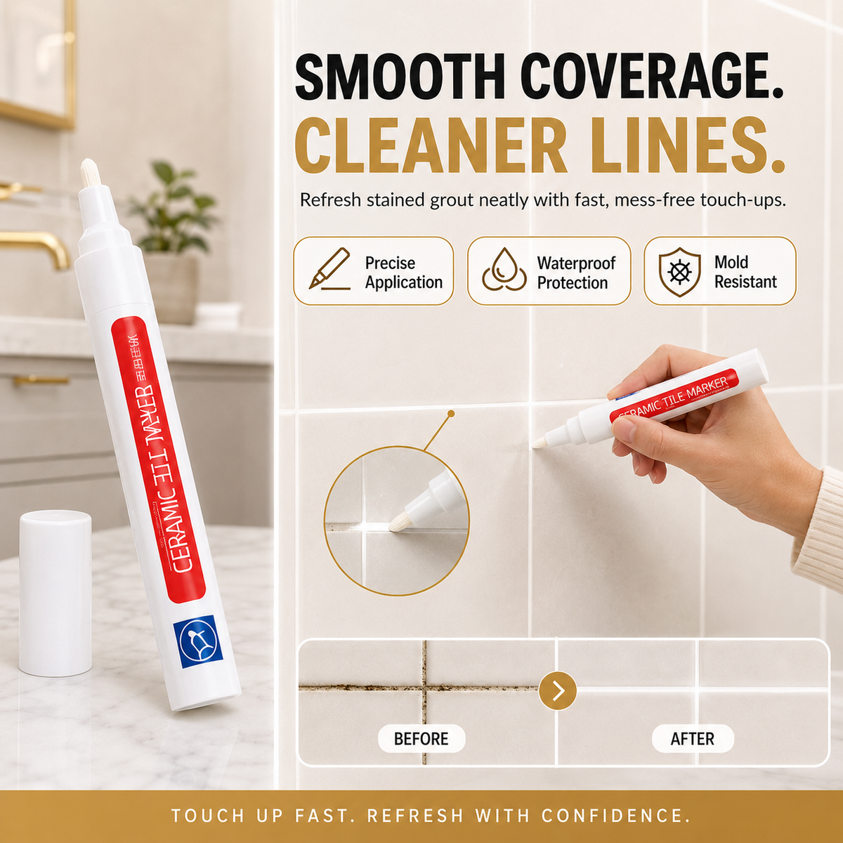 Junazilo® ✏️Grout Pen, Waterproof Anti‑Mold Tile Grout Refresher for Ceramic Tile Seams Bathroom Kitchen Floor